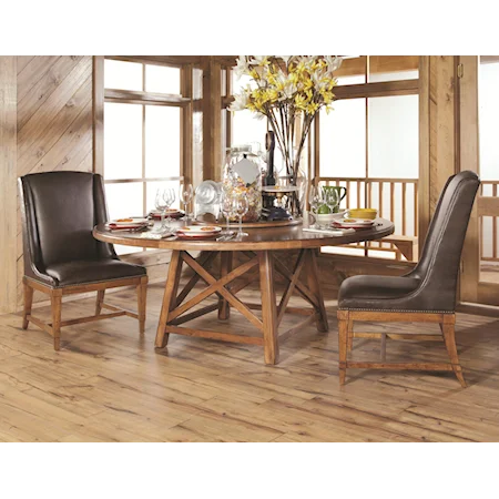 72” Old Orchard Round Dining Table w/ Lazy Susan & 2 Leather Hostess Chairs